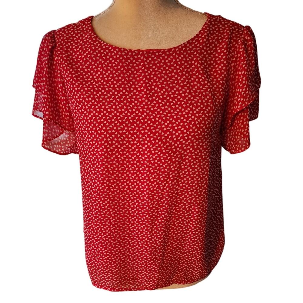 Red All Over White Heart Ruffle Flutter Short Sleeve Shirt
